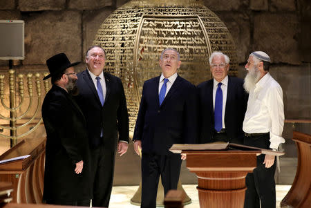 Israeli Prime Minister Benjamin Netanyahu, U.S. Secretary of State Mike Pompeo and U.S. Ambassador to Israel David Friedman visit the Western Wall Tunnels in Jerusalem's Old City March 21, 2019. Abir Sultan/ Pool via REUTERS