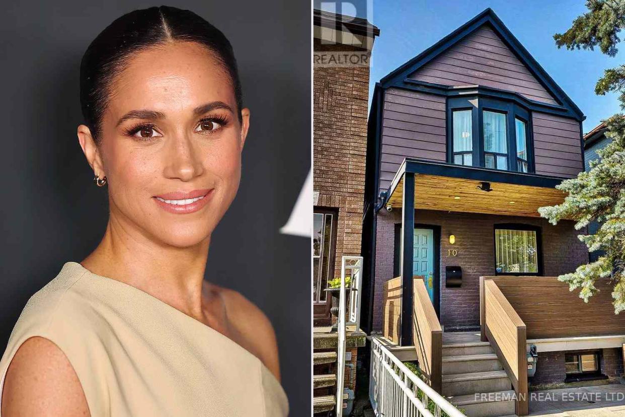 <p>Robin L Marshall/FilmMagic; unique vtour</p> Meghan Markle and her former Toronto home, which is currently for sale