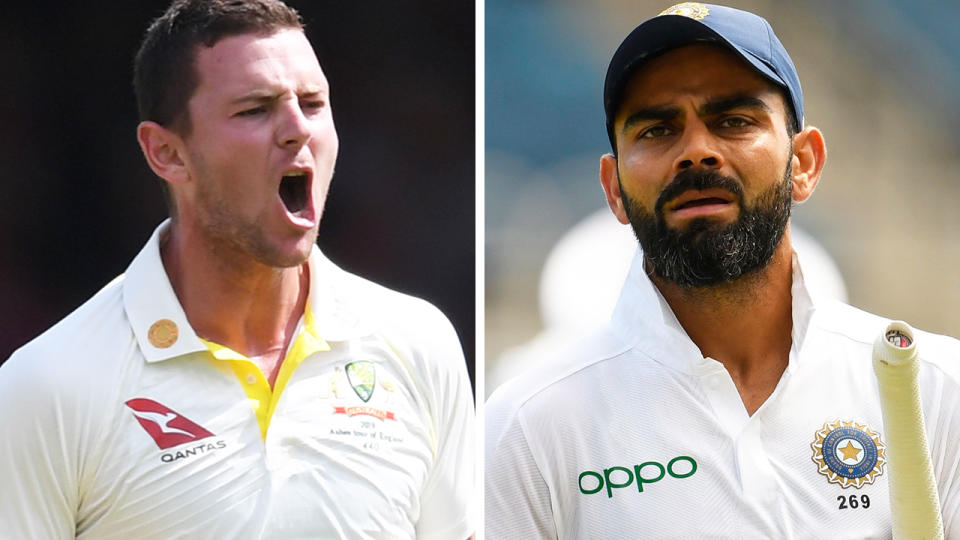 Australian fast bowler Josh Hazelwood is pictured in a 50/50 split image alongside Virat Kohli.