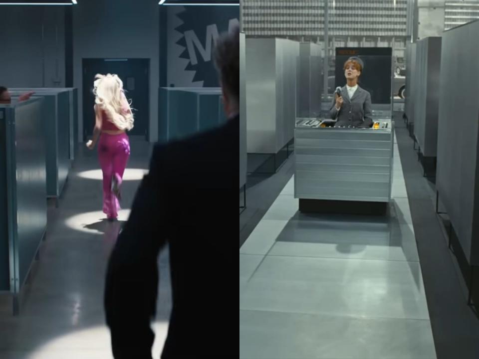 Left: Margot Robbie being chased by Will Ferrell in the Mattel building in "Barbie." Right: A similar office design in "Playtime."