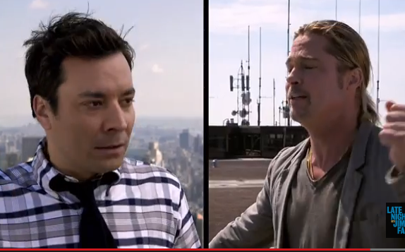 Brad Pitt, Jimmy Fallon Yodel From the Rooftops (Video)