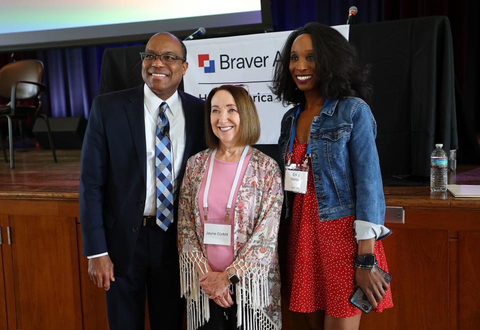 Elder Ahmad S. Corbitt, General Authority Seventy of The Church of Jesus Christ of Latter-day Saints, his wife Jayne Corbitt and Erica Manuel, Institute for Local Government CEO and executive director, pose for a photo at the Braver Angels conference at Gettysburg College in Gettysburg on Thursday, July 6, 2023. | Kristin Murphy, Deseret News