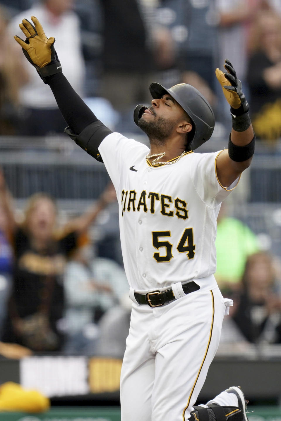 Pittsburgh Pirates' Joshua Palacios runs the bases on a two-run home run off Washington Nationals starting pitcher Joan Adon during the second inning of a baseball game in Pittsburgh, Tuesday, Sept. 12, 2023. (AP Photo/Matt Freed)