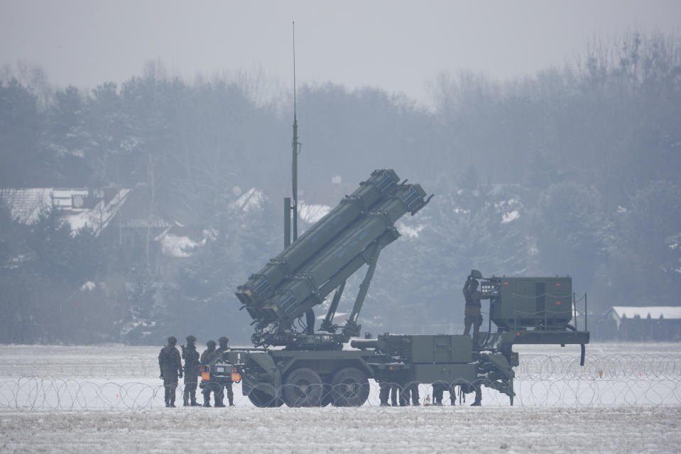 Patriot missile launchers acquired from the U.S. last year are seen deployed in Warsaw, Poland, Monday, Feb. 6, 2023. (AP Photo/Michal Dyjuk)