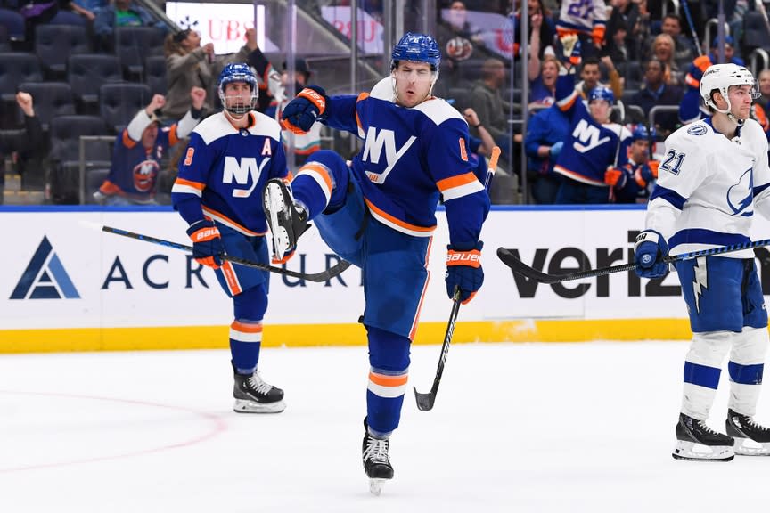 New York Islanders defenseman Ryan Pulock (6) celebrates his goal against the Tampa Bay Lightning during the second period at UBS Arena.