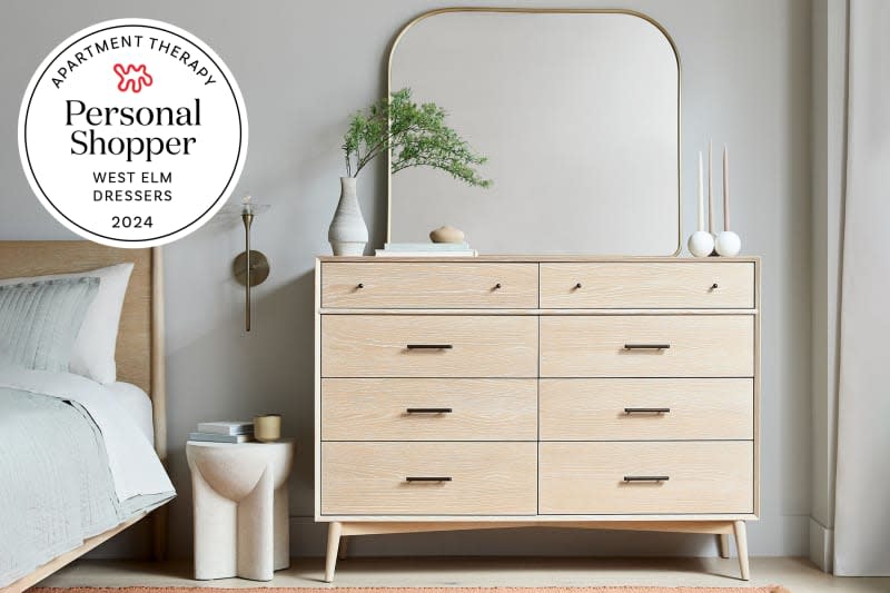 Lifestyle image of a West Elm Mid-Century 8-Drawer Dresser with seal in upper left that reads "Apartment Therapy Personal Shopper West Elm Dressers 2024"