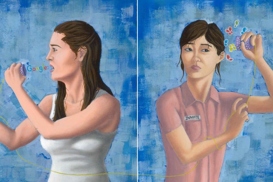 The illustration is divided into two parts. On the left side, a woman holds a microphone to her mouth and reads something off of her smartphone, which says "Google." On the right side, another woman, connected to the first by a string or chord, holds a receiver to her ear. The woman on the right is wearing a prison jumpsuit that says "inmate."