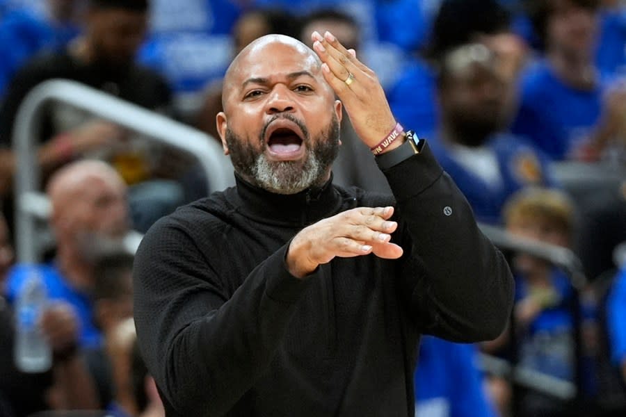 Cleveland Cavaliers head coach J.B. Bickerstaff directs his players during the first half of Game 4 of an NBA basketball first-round playoff series against the Orlando Magic, Saturday, April 27, 2024, in Orlando, Fla. (AP Photo/John Raoux)