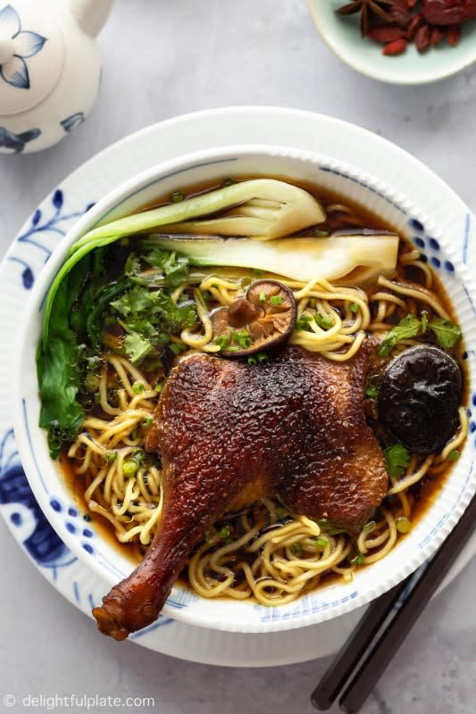 <p>Delightful Plate</p><p>Vietnamese duck noodle soup (Mi Vit Tiem) features slippery noodles, fall-off-the-bone duck legs, and a dark broth. Learn the easy method to cook this complex dish at home in this post.</p><p><strong>Get the recipe: <a href="https://delightfulplate.com/vietnamese-duck-noodle-soup-mi-vit-tiem/" rel="nofollow noopener" target="_blank" data-ylk="slk:Vietnamese Duck Noodle Soup (Mi Vit Tiem);elm:context_link;itc:0;sec:content-canvas" class="link ">Vietnamese Duck Noodle Soup (Mi Vit Tiem)</a></strong></p>