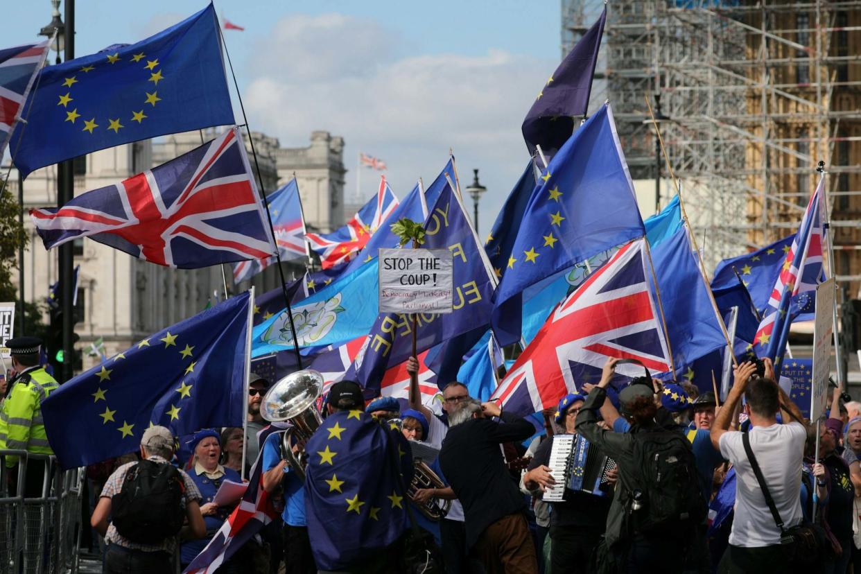 Divided we stand: Remainers and Brexiteers protest together outside Parliament: AFP/Getty Images