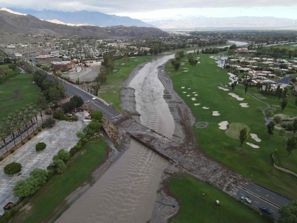 An aerial image shows debris following heavy rains from Tropical Storm Hilary, at Thurderbird Country Club in Rancho Mirage, California, on August 21, 2023 (AFP via Getty Images)