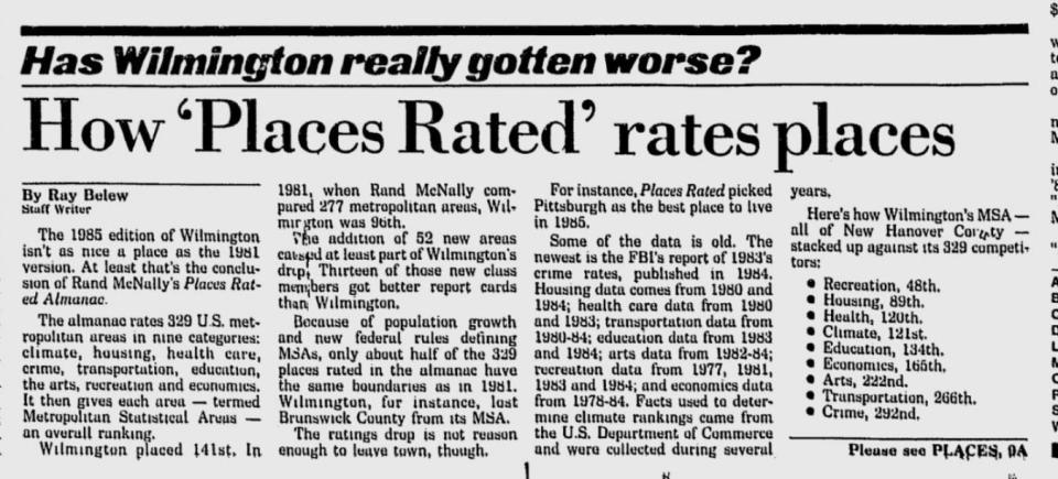 An article in the April 7, 1985, Wilmington StarNews reported a "Places Rated Almanac" by Rand McNaly listed Wilmington 141st out of 329 U.S. metropolitan areas.