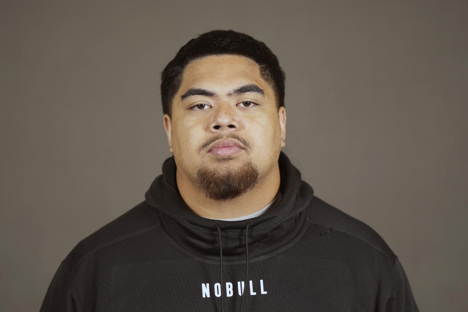 FILE - Oregon State offensive lineman Taliese Fuaga poses for a portrait at the NFL football Combine, Thursday, Feb. 29, 2024, in Indianapolis. Fuaga is a possible first round pick in the NFL Draft. (Doug Benc/AP Images for the NFL)