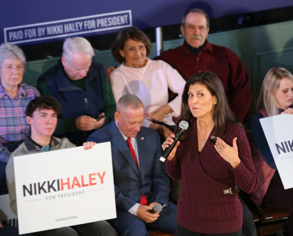 Nikki Haley, Republican presidential candidate, makes her first New Hampshire campaign speech for 2024 at Exeter Town Hall Thursday, Feb. 16, 2023.