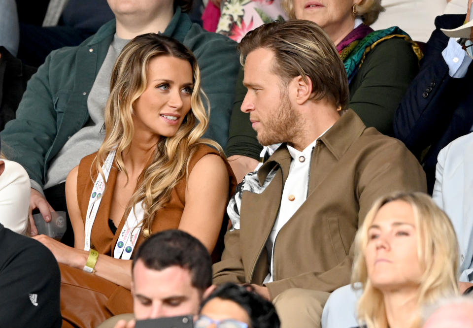 LONDON, ENGLAND - JULY 06: Amelia Tank and Olly Murs attend Wimbledon Championships Tennis Tournament at All England Lawn Tennis and Croquet Club on July 06, 2021 in London, England. (Photo by Karwai Tang/WireImage)