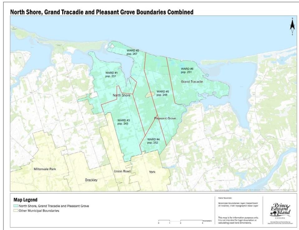 An electoral map shows the Rural Municipality of North Shore, which includes West Covehead, Covehead Road, Stanhope, Pleasant Grove and Grand Tracadie.