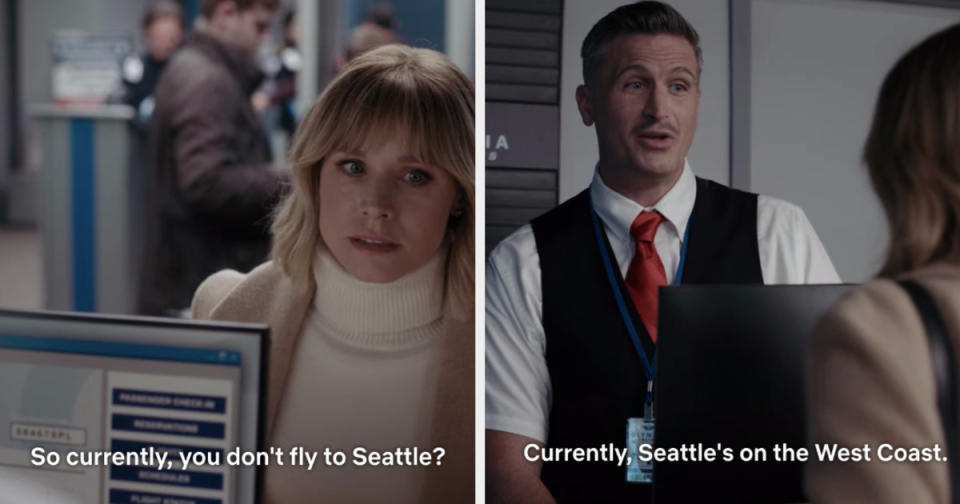 Anna is on the left saying "So currently, you don't fly to Seattle?" With an airline agent saying, "Currently Seattle's on the West Coast."