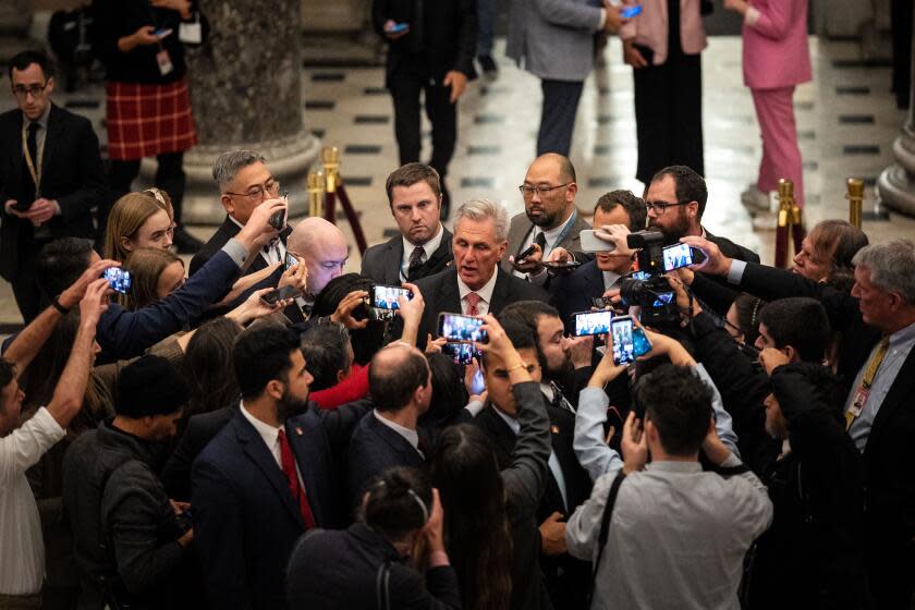 Rep. Kevin McCarthy (R-CA) talks with reporters in National Statuary Hall of the U.S. Capitol Building on Thursday.