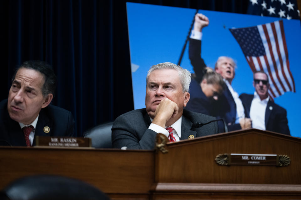 House Oversight and Accountability Committee Chairman James Comer of Kentucky and ranking member Rep. Jamie Raskin of Maryland listen to Cheatle's testimony on Monday. (Tom Williams/CQ-Roll Call, Inc via Getty Images)