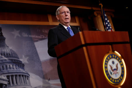 U.S. Senate Majority Leader Mitch McConnell (R-KY) speaks with the media at the U.S. Capitol in Washington, U.S., April 7, 2017. REUTERS/Aaron P. Bernstein