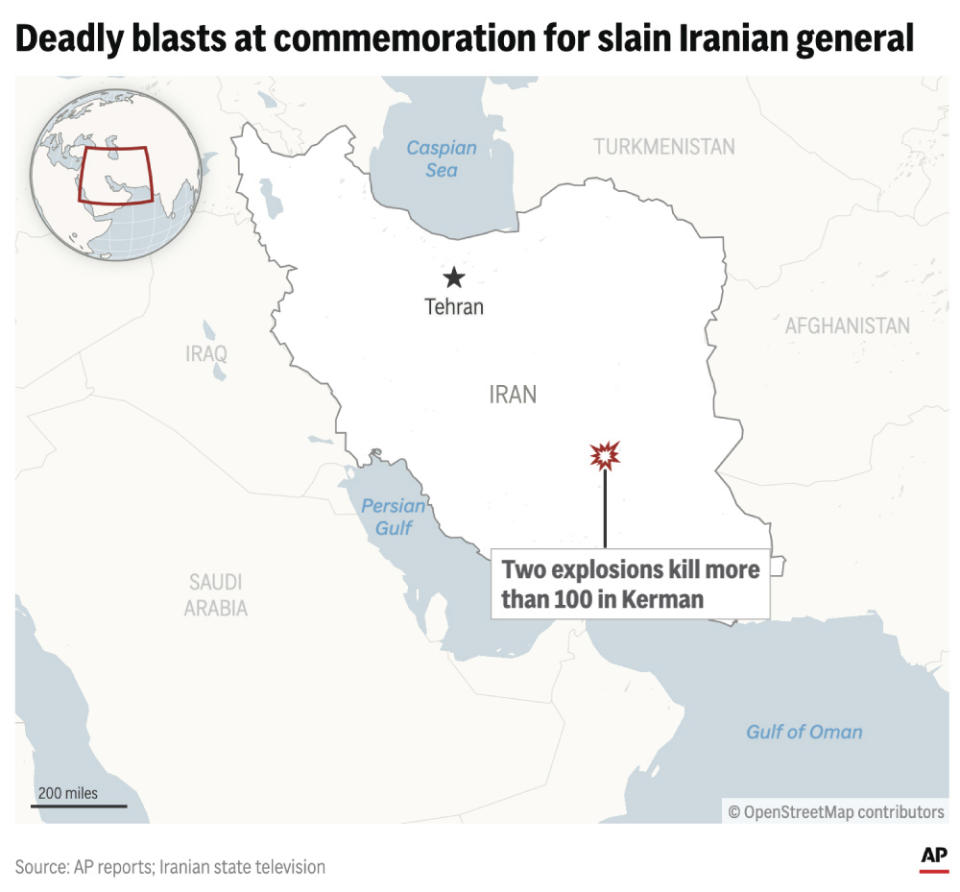 Officials in Iran said a pair of bombs exploded Wednesday at a commemoration for a prominent Iranian general slain in a 2020 U.S. drone strike, killing more than 100 people. (AP Digital Embed)