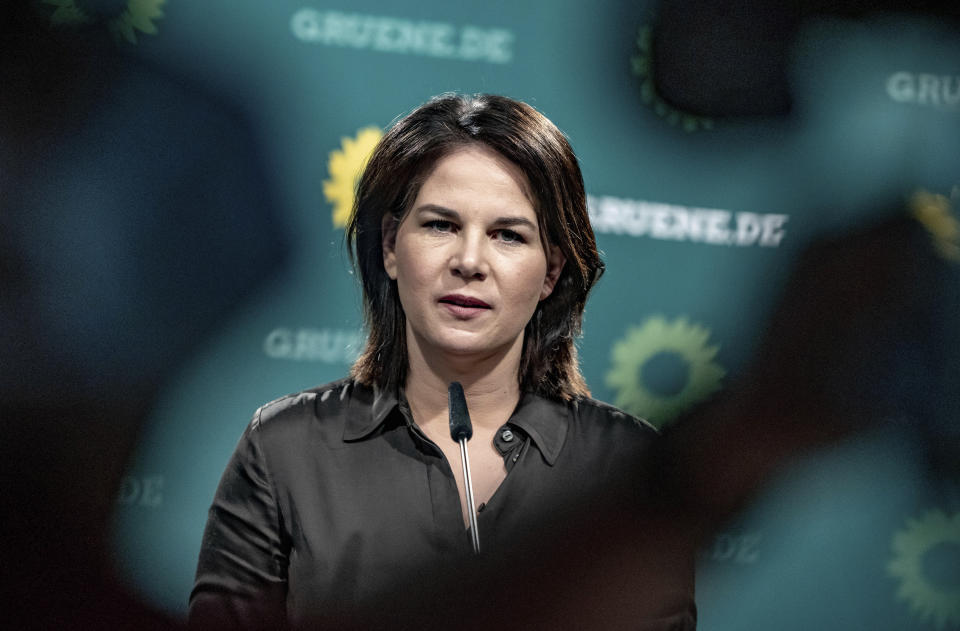 Annalena Baerbock Germany's Green party co-leader and top candidate for the upcoming national election in September speaks on a news conference after a party's leaders meeting in Berlin, Germany, May 31, 2021. (Michael Kappeler/dpa via AP)