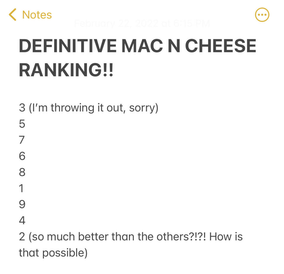 Note on author's phone of "Definitive Mac n Cheese Ranking" with all the numbers ranked