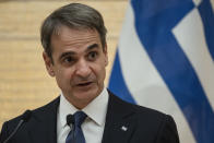 Greek Prime Minister Kyriakos Mitsotakis speaks during a joint press conference with Japanese Prime Minister Fumio Kishida following their meeting at the prime minister's official residence in Tokyo, Monday, Jan. 30, 2023. (Richard A. Brooks/Pool Photo via AP)