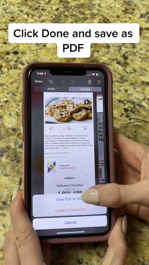 After you click 'Full Page', you click 'Done' and then 'Save PDF to Files'. Photo: TikTok/@Ambre_skye
