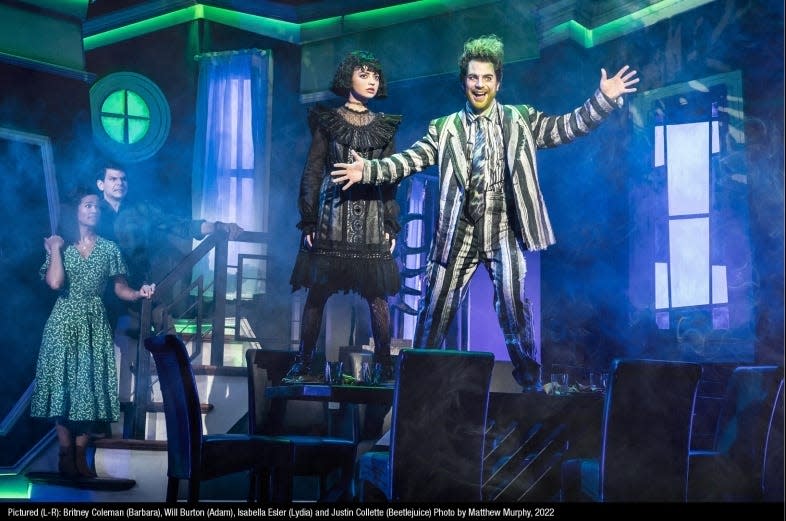 Britney Coleman (Barbara), Will Burton (Adam), Isabella Eder (Lydia) and Justin Collette (Beetlejuice) in the touring production of the Broadway musical "Beetlejuice," 2022.