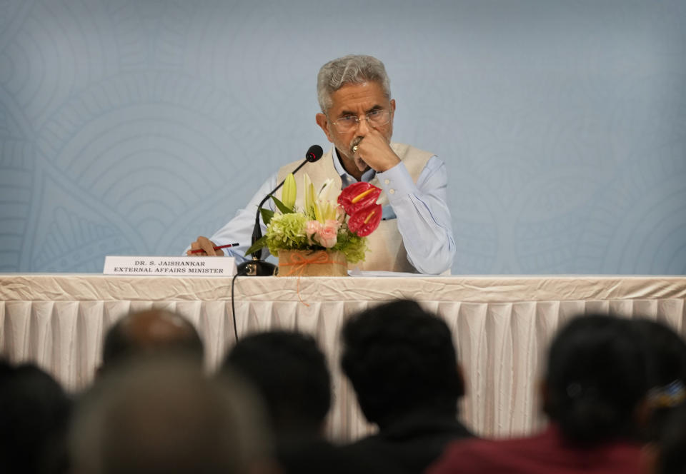 Indian Foreign Minister S. Jaishankar addresses a press conference at the end of the Shanghai Cooperation Organization (SCO) council of foreign ministers' meeting, in Goa, India, Friday, May 5, 2023. (AP Photo/Manish Swarup)