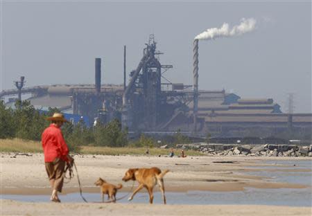 A woman walks her dogs along the lake front at Marquette Park in Gary, Indiana, September 28, 2013. REUTERS/Jim Young