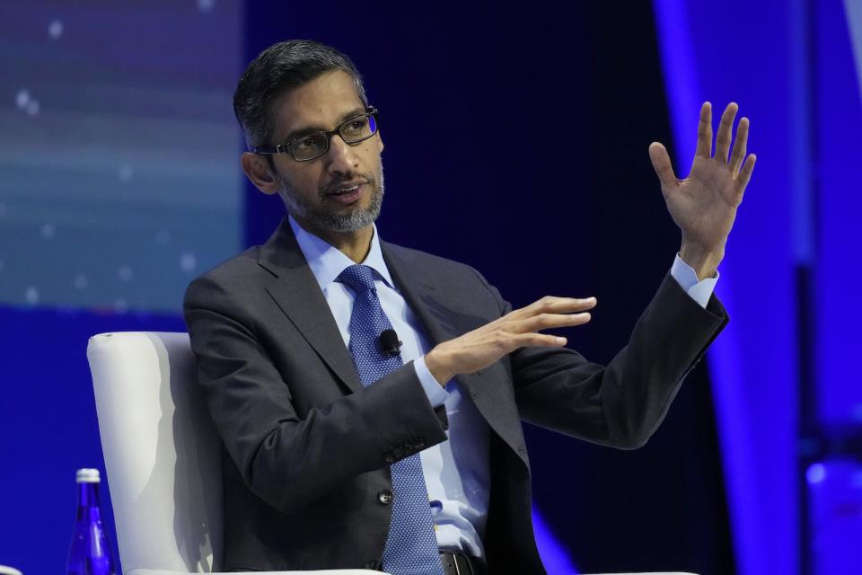 Sundar Pichai, CEO of Google and Alphabet, takes part in a discussion entitled 