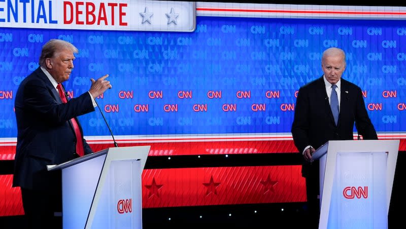 Republican presidential candidate former President Donald Trump, left, speaking during a presidential debate with President Joe Biden, right, Thursday, June 27, 2024, in Atlanta.