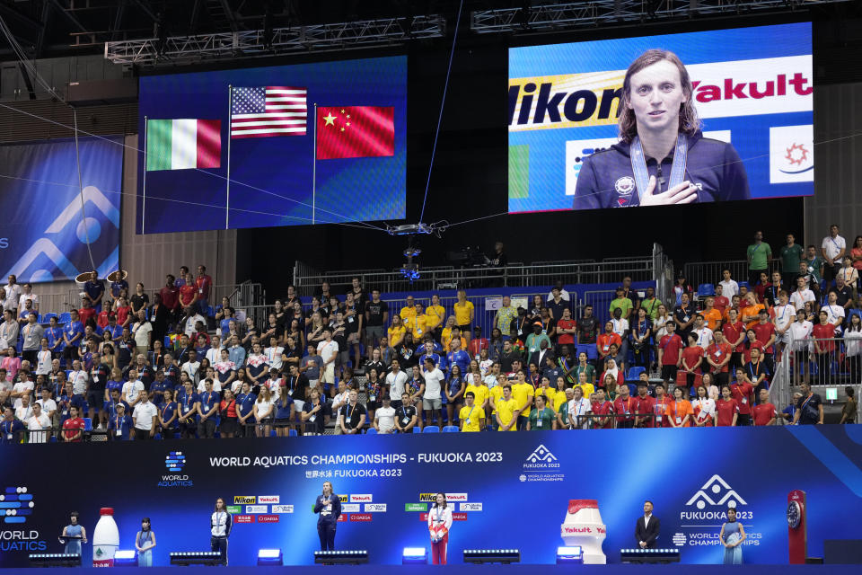 Gold medalist Katie Ledecky of United States during ceremonies at women's 1500m freestyle finals at the World Swimming Championships in Fukuoka, Japan, Tuesday, July 25, 2023. (AP Photo/Lee Jin-man)