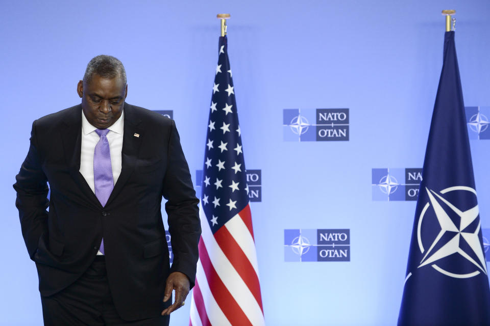 United State Secretary of Defense Lloyd Austin poses for photographers as he arrives at NATO headquarters in Brussels, Wednesday, April 14, 2021. (Johanna Geron, Pool via AP)