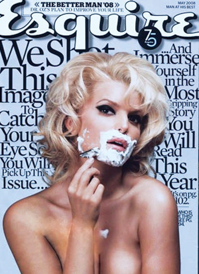 Jessica Simpson for Esquire Magazine: One of our favourite covers! For its 75th anniversary Esquire Magazine decided to recreate the iconic 1965 cover of Italian actress Virna Lisi shaving her face. 'Dukes of Hazard' actress and singer, Jessica Simpson, had no problem taking it all off for the camera, and told Esquire: "I'm a naughty sweetheart… but I won't go into details."