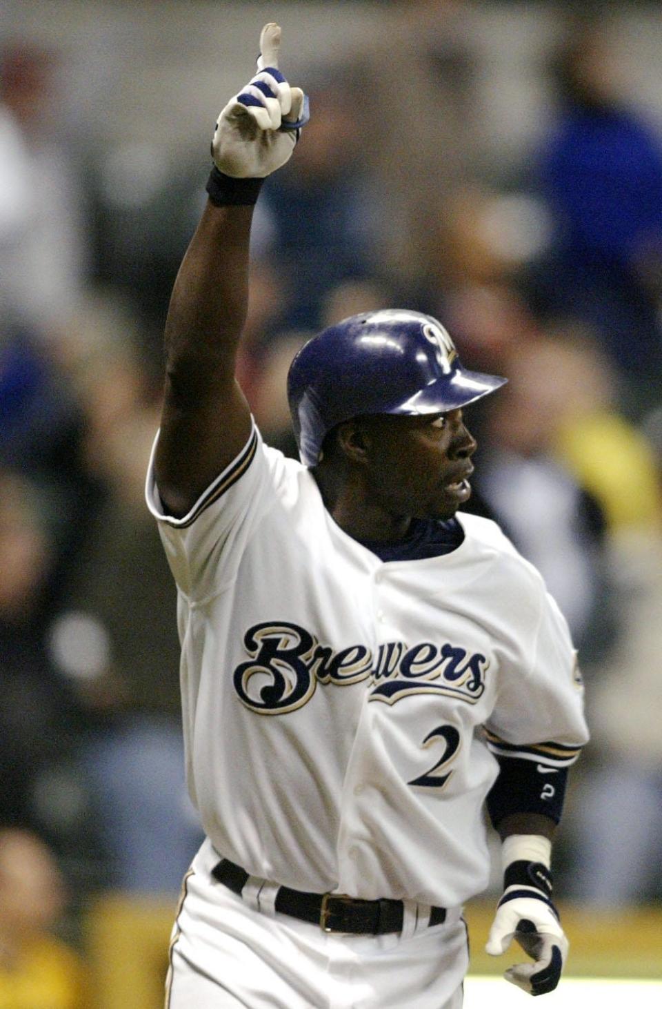 Bill Hall reacts to his 9th inning two run homer to beat Cincinnati Tuesday April 27, 2004.