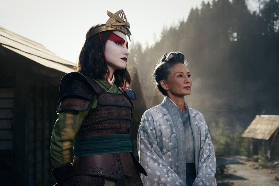 Maria Zhang as Suki and Tamlyn Tomita as Mayor Yukari in season 1 of Avatar: The Last Airbender.