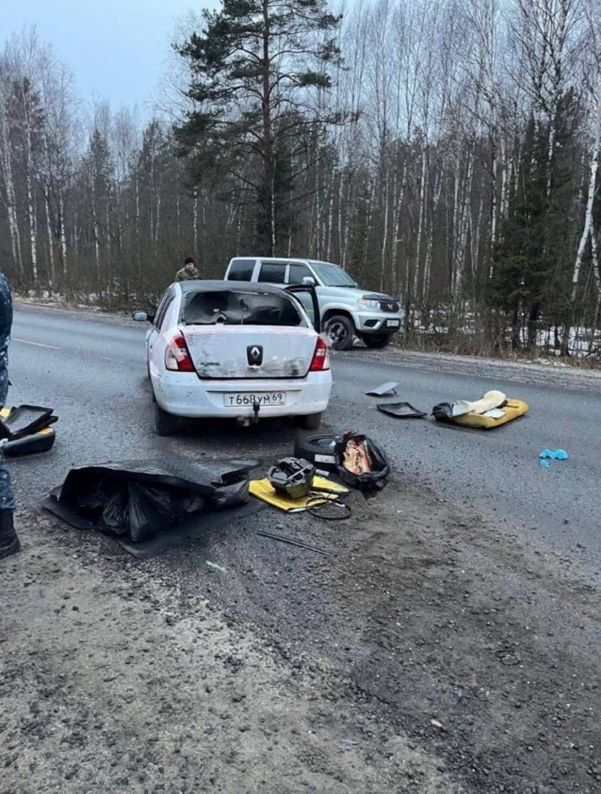 The car which, according to Russian authorities, the suspects in the shooting at Moscow's Crocus City Hall used to escape (Ostorozhno Novosti via REUTERS)