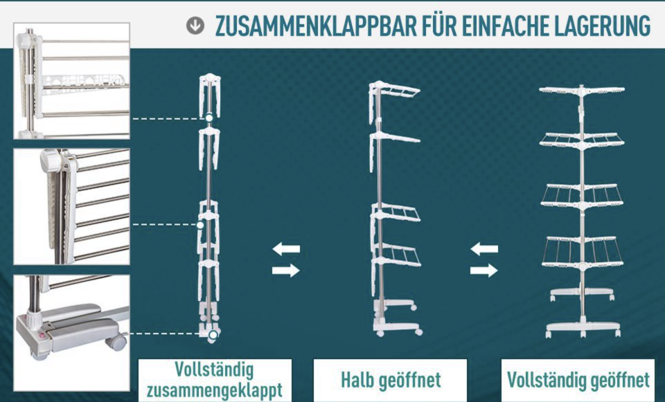 Die Kombination aus hochwertigem Edelstahl und Kunststoff machen den Wäschetrockner zu einem langlebigen Haushaltshelfer. (Bild: Amazon)