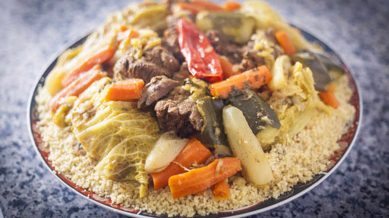 plate moroccan couscous vegetables meat