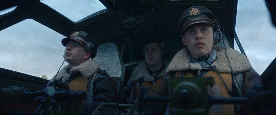 Barry Keoghan (left) and Austin Butler take to the skies in their B-17 bomber in "Masters of the Air," a new Apple TV+ series chronicling the Allied bombing missions over Germany that saw so many American fliers die.