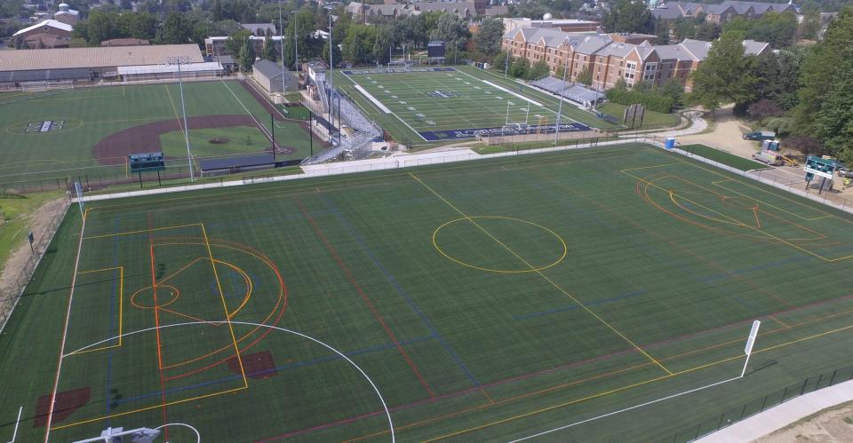 The new multipurpose field (foreground) at Mercyhurst University is pictured from above with the baseball diamond, left, and Saxon Stadium, right, in the background.