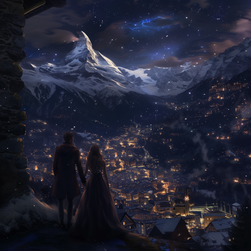 Two animated characters stand overlooking a fantasy mountain town at night, evoking a sense of adventure and mystique