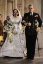 <p>Season 1 costume designer Michele Clapton told <em>BAZAAR</em> Australia the queen's wedding gown was the "most elaborate [and] time-consuming" costume. She told <a href="https://www.harpersbazaar.com/culture/film-tv/news/a19298/michele-clapton-the-crown-interview/" rel="nofollow noopener" target="_blank" data-ylk="slk:BAZAAR.com;elm:context_link;itc:0;sec:content-canvas" class="link ">BAZAAR.com</a>, "I thought it was so important that it was as close as we could possibly make it. That whole procession with the bridesmaids and the train and everything was something which I though, 'If we don't get that right, then we don't actually have the right to make anything else up.'"<br></p>