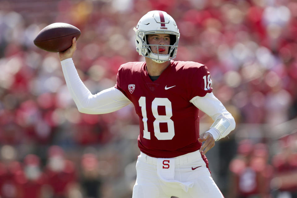 Stanford's Tanner McKee throws against Oregon during the first half of an NCAA college football game in Stanford, Calif., Saturday, Oct. 2, 2021. (AP Photo/Jed Jacobsohn)