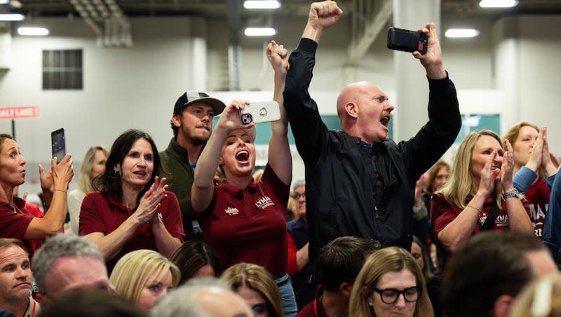 Audience members cheer for Phil Lyman, candidate for governor, at the Utah Republican Party state nominating convention at the Salt Palace Convention Center in Salt Lake City on Saturday, April 27, 2024.