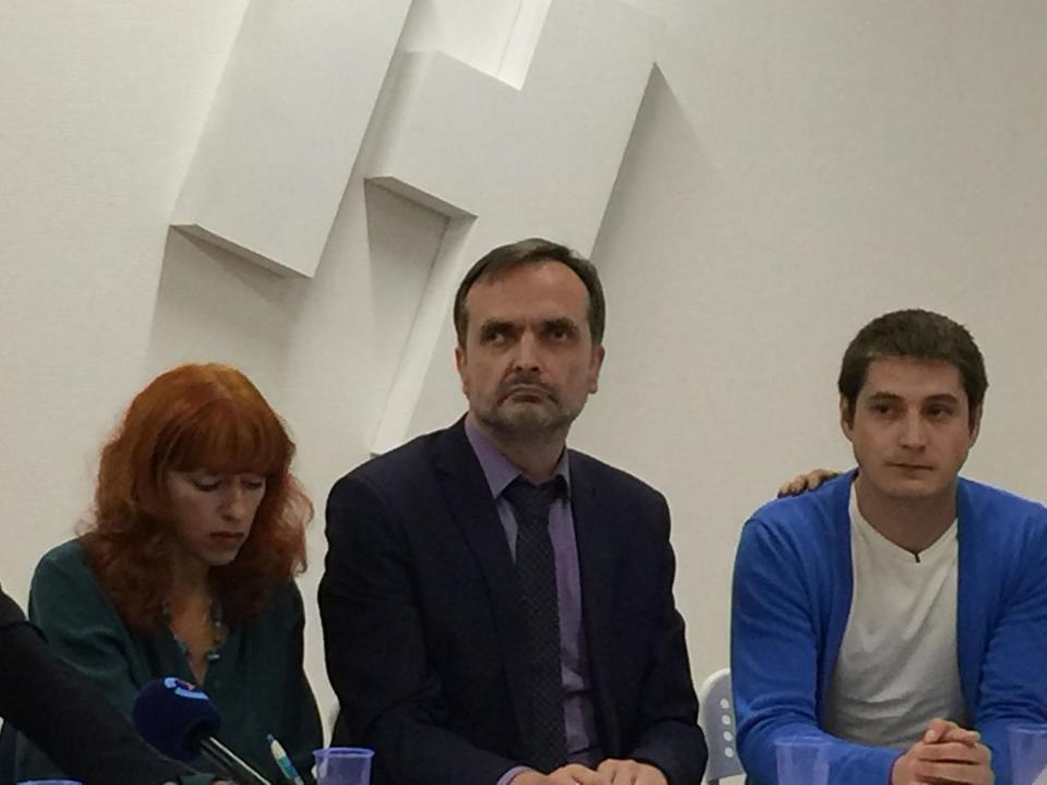 Human rights activists Tanya Lokhsina and Igor Kochetkov alongside Maxim Lapunov (far right), who on Monday became the first witness to go public about Chechnya's anti-gay purge