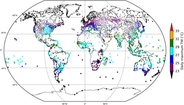 The number of wet temperature exceeds that humans can tolerate has doubled;  in less than 40 years (maximum value of wet bulb temperature between 1979 and 2017).  (Photo: Raymond et al., 2020, “Existence of heat and humidity is too severe for human tolerance”)